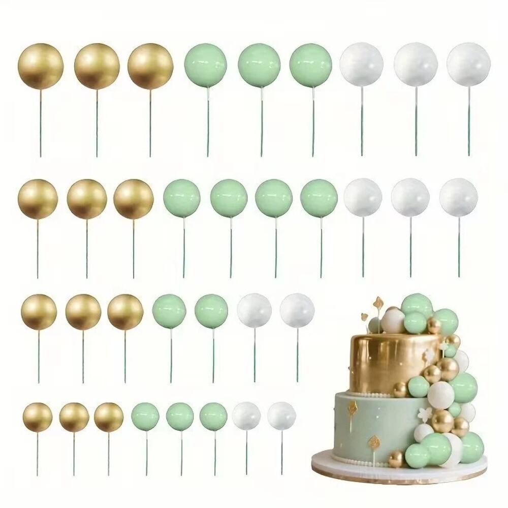 50x Green Mint/White/Gold Ball Birthday, Anniversary, Wedding Cake Toppers